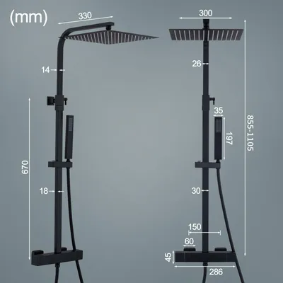 Obrázek produktu pro Sprchový systém Homelody s termostatem, nerezová sprchová baterie, velká dešťová hlavice o rozměrech 30 × 30 cm s nastavitelnou výškou 855–1105 mm, černá
