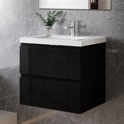 Produktbild von 60 cm Badmöbel-Set Unterschrank mit dick Keramik waschtisch 2 Schubladen soft-close Hochglanz Schwarz Selbstmontierter