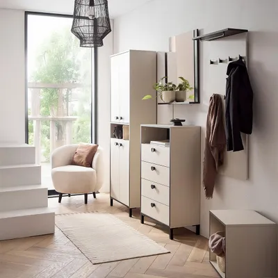 Produktbild von Flur Garderobenpaneel 50 cm breit in Beige, 9 Metallhaken & Kleiderstange - ELMIRA-80