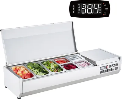 Obrázok produktu pre SucceBuy Chladiaca stanica na prípravu korenia z, 150 W pracovná doska s 3 1/3 a 4 1/6 panvičkami, telo z nehrdzavejúcej ocele 304 a polykarbonátové veko