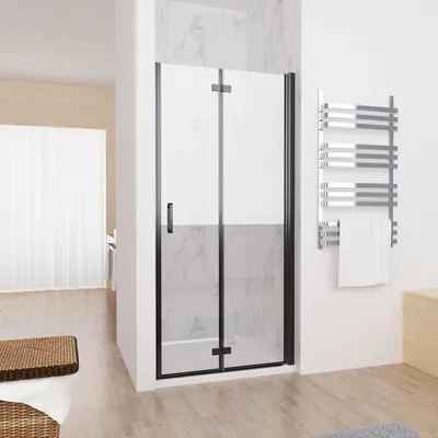 Produktbild von MIQU Nischentür 100 x 185 cm Duschabtrennung Faltbar Duschwand für Dusche Matt Schwarz Pendeltür Falttür Duschtür aus 5mm ESG Glas Rahmenlos