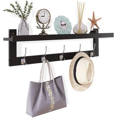 Zdjęcie produktu dla Wisząca półka bambusowa 74 cm z 5 podwójnymi haczykami, czarna/srebrna