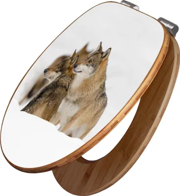 Zdjęcie produktu dla banjado Design deska sedesowa bamboo soft close - wilki - pokrywa toalety z funkcją miękkiego zamykania drewno/wysokiej jakości bambusowa pokrywa toalety/deska sedesowa do wszystkich popularnych toalet [TDB2 10432]