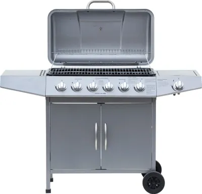 A silver gas grill with the lid open, shown from the front against a white background.