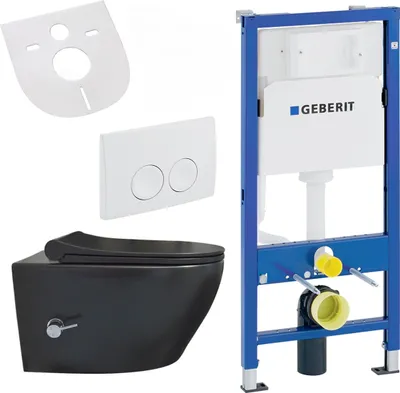 Productafbeelding van Belvit Wandclosetset, spuitrandloos, zwart, mat, met taharet-bidet, warm-koud water, soft-close sluiting, geschikt voor Geberit UP100