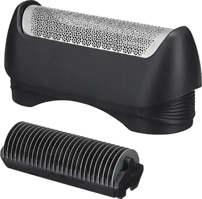 A black shaver head and a separate shaver foil are shown against a white background.