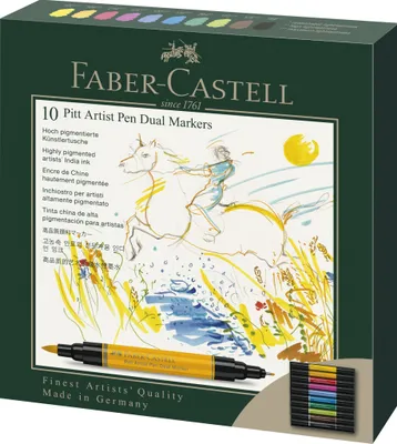 A box of Faber-Castell Pitt Artist Pen Dual Markers with an illustration of a person riding a horse.