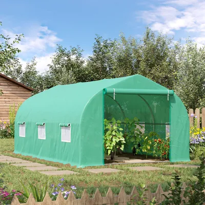 Produktbild von SUGIFT Gewächshaus begehbar, Foliengewächshaus 450x300x205 cm, Tomatenhaus, PE-Abdeckung, Stahlrahmen, Grün  |  Reißverschlusstür  |  6 Netzfenster  |  19kg