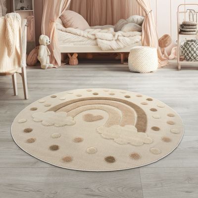 TT Home Kinderteppich Kinderzimmer Teppich Spielteppich Kurzflor Sonne Flauschig 3D Größe 120 cm Rund