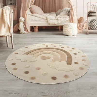 Produktbild von TT Home Kinderteppich Kinderzimmer Teppich Spielteppich Kurzflor Sonne Flauschig 3D Größe 120 cm Rund