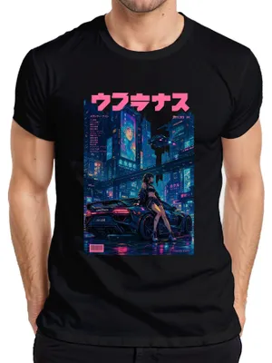 Productafbeelding van UWATENAS T-shirt voor heren, zwart, maat L, met een futuristisch ontwerp in cyberpunk-stijl, geïnspireerd door anime, Japan, de Y2K-tijd en synthwave