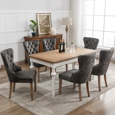 Zdjęcie produktu dla Stylowe krzesło do jadalni （6 St） Szare welurowe, tapicerowane krzesło z unikalnym wzorem kołatki do drzwi, eleganckie wykończenia z gwoździami, nogi z litego drewna