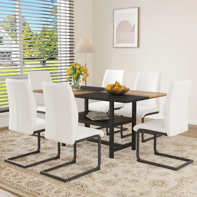Produktbild von Essgruppe 160x90 cm mit 6 Stühlen aus Tech-Stoff, Modernes Esstisch-Set mit Ablagefach & Metallgestell, Platzsparende Sitzgruppe für Esszimmer & Küche, weiß