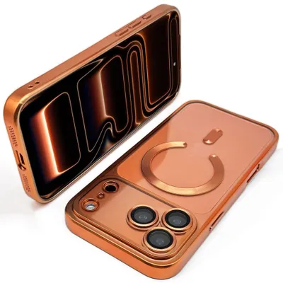 Two copper-colored iPhone cases are displayed against a white background. One case is shown from the side, displaying its buttons and ports, while the other is shown from the back, highlighting its camera array and MagSafe ring.