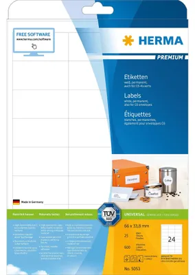 Obrázok produktu pre HERMA Premium - papier - matný - trvale samolepiaci - biely - 66 x 33,8 mm 600 štítkov (25 listov x 24)
