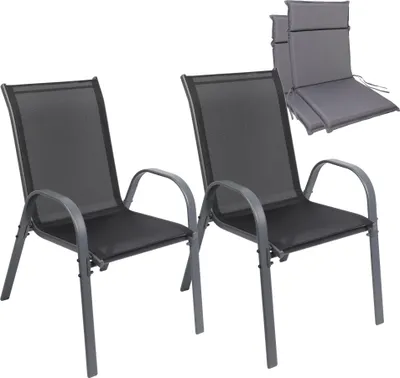 Two outdoor chairs with cushions on a white background.