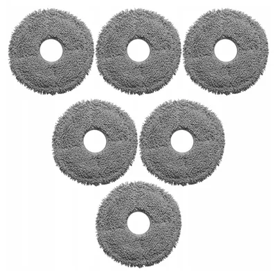 Six round, gray microfiber mop pads with a central hole, arranged in a triangular formation on a white background.