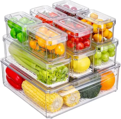 Produktbild von 10 Stück kühlschrank organizer, stapelbare kühlschrank organizer mit deckel, BPA-frei, für Kühlschrank-Organizer, für Lebensmittel, Obst, Gemüse