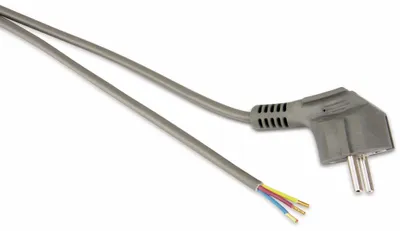 Produktbild von Schutzkontaktkabel abgewinkelt zum Konfektionieren; 2 m, Grau, (3*0,75 mm²) Schutzkontaktstecker Hybrid (Typ E/F, CEE 7/7) 90° > lose Kabelenden