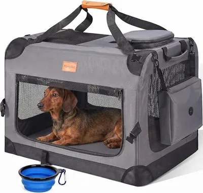 Produktbild von Transportbox Hund Katze Transporttasche L 70x52x52cm, Hundebox Faltbare Hundetransportbox, robust Haustier-Transportbox inkl. Hundenapf & Schultergurt, Dunkelgrau