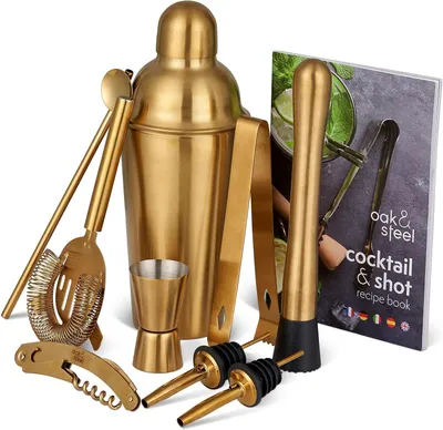 Produktbild von Edelstahl – 10-teiliges professionelles Cocktail-Shaker-Set (Edelstahl – Gold) – Barzubehör – Barkit – Cocktail- und Shot-Rezeptbuch