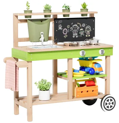 Image de Cuisine de jeu en bois pour l'extérieur, idéale pour les enfants, avec robinet fonctionnel, accessoires complets et finition en bois