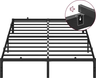 A black metal bed frame with an inset circle highlighting a feature.