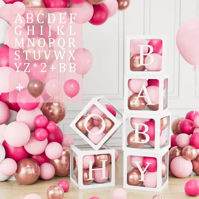 Productafbeelding van Ballonbox decoratieset voor babyfeest, 6 stuks, met 54 letters en 45 ballonnen, roze en goud