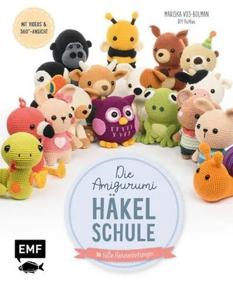 A collection of crocheted amigurumi animals and characters arranged around a circular graphic with text.
