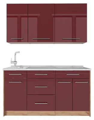 Produktbild von Singleküche Vicco Fame-Line Bordeaux Hochglanz/Goldkraft Eiche 150 cm, AP Marmor, Model 64793