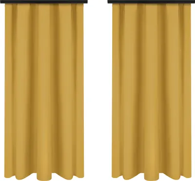 Two yellow curtains hanging against a white background.
