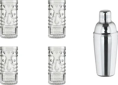 Produktbild von James Cooke Mai Tai Cocktailset, 5 teilig, bestehend aus 4 Mixgläser 44 cl für Cocktails + 1 Shaker  0,7 Liter Edelstahl, spülmaschinenfest