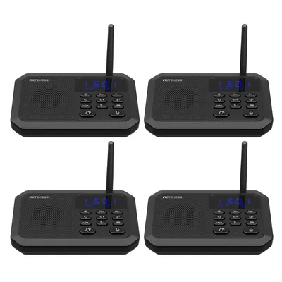 Four identical black wireless intercom devices are arranged in a 2x2 grid on a white background.