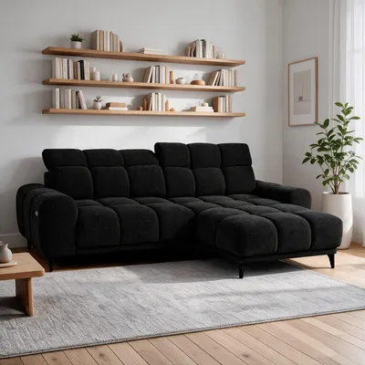 Produktbild von Ecksofa L-Form MARCO MINI 275 x 182 cm Rechte, Modernes Sofa mit elektrische Sitztiefenverstellung, verstellbare Kopfstützen, Schwarz Chenille