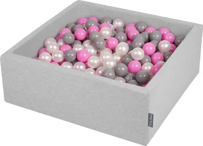 Produktbild von KiddyMoon bällebad 90x30cm/300 bälle ∅ 7cm bällepool mit bunten bällen für babys kinder quadrat, hellgrau:perle/grau/pink