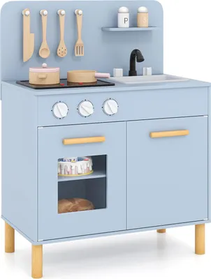 Image de COSTWAY Cuisine pour enfants avec 10 accessoires, lumière et son, cuisine jouet avec cuisinière, évier, four, cuisine en bois pour enfants à partir de 3 ans Bleu