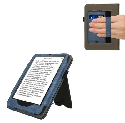 Produktbild von kwmobile Hülle kompatibel mit Amazon Kindle Paperwhite (2024)/Colorsoft Hülle - Flip Case mit Handschlaufe - Kunstleder Cover - Dunkelblau Dunkelgrau