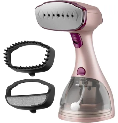 Immagine prodotto di Vaporizzatore per abiti portatile - Ferro da stiro a vapore - 1500 W - 300 ml - Rosa - Con guanto e accessori