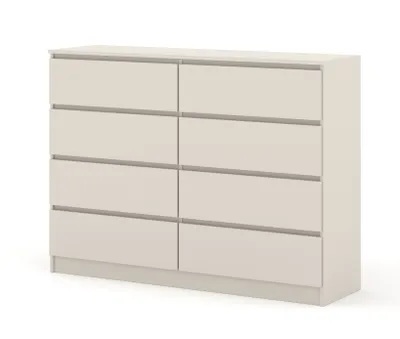 A neutral studio shot of a beige dresser with eight drawers.