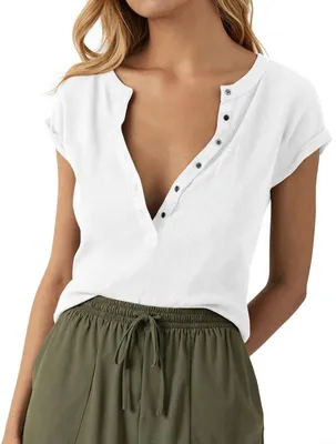 Produktbild von Damen-Tops mit tiefem V-Ausschnitt, lässige gerippte Henley-Shirts, Sommer-Kurzarm-Shirts,Größe:L