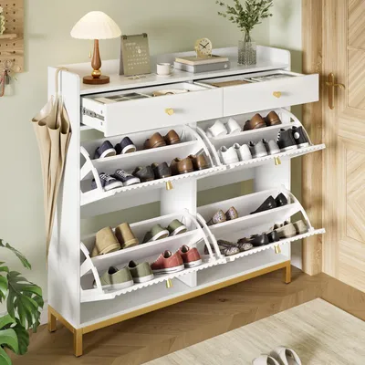 Produktbild von okwish schmaler Eingangsschrank mit 4 Klapptüren,Viel Stauraum, Schuhschrank mit 2 Schubladen und Metallgriffen,Weiß