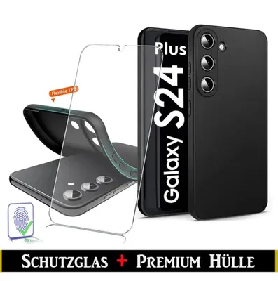 Produktbild von Für Samsung Galaxy S24+ S24 Plus 5G Silikon Schwarz Kamera Schutz Hülle + Panzerglas Echt Glas Display Schutzglas