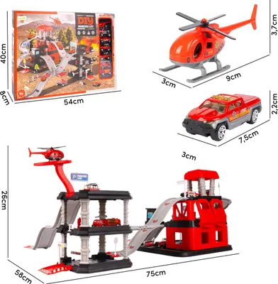 Obrázek produktu pro Malplay Car Park Movable Lift 6x Metal Cars Helicopter DIY od 3 let dárek