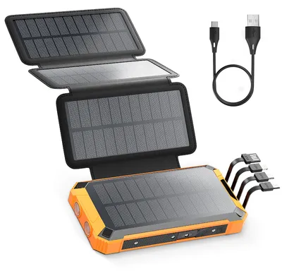 Produktbild von Solar-Powerbank - Tragbares Ladegerät - 32.000 mAh - Schnellladen - 2 Ausgänge - LED-Taschenlampe - 4 Faltbare Solarpanels