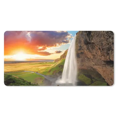 Produktbild von MuchoWow® Schreibtischunterlage Wasserfall - Felsen - Sonnenuntergang - Berge - Orange 80x40 cm - XXL Mauspad - Gaming Mauspad