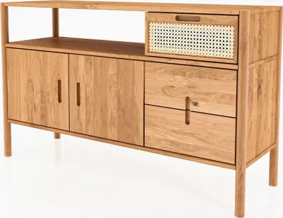 Produktbild von Kommode Zola Wildeiche massiv und Rattan 142x86 cm mit 3 Schubladen und 2 Türen