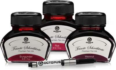 Produktbild von 3 x 30 ml Octopus Schreibtinte mit Tinten-Konverter, Burgunder, Rot und Weinrot