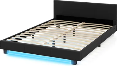 A black upholstered bed frame with a slatted base and LED lighting underneath.