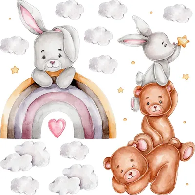 Produktbild von Wandaufkleber Kinderzimmer – Wandsticker für Baby & Kinder – Selbstklebende Wanddekoration – Abnehmbar ohne Rückstände – Deko für Mädchen & Jungen - Niedliche Teddybären und Wolken in pastellfarbenen Aquarellfarben60x101 cm