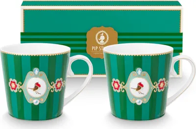 Produktbild von PIP STUDIO Love Birds Medallion Stripes Emerald-Green Henkelbecher Large 0,25l Set2